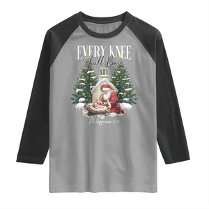 Every Knee Shall Bow Raglan Shirt Nativity Scene Santa and Baby Jesus Christmas TS10 Sport Gray Black Print Your Wear
