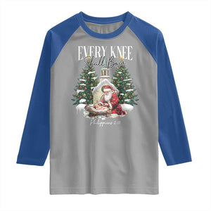 Every Knee Shall Bow Raglan Shirt Nativity Scene Santa and Baby Jesus Christmas TS10 Sport Gray Royal Print Your Wear