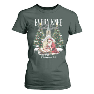 Every Knee Shall Bow T Shirt For Women Nativity Scene Santa and Baby Jesus Christmas TS10 Dark Forest Green Print Your Wear