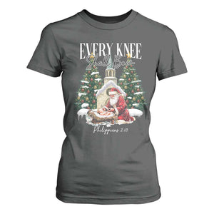 Every Knee Shall Bow T Shirt For Women Nativity Scene Santa and Baby Jesus Christmas TS10 Dark Heather Print Your Wear