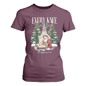 Every Knee Shall Bow T Shirt For Women Nativity Scene Santa and Baby Jesus Christmas TS10 Maroon Print Your Wear