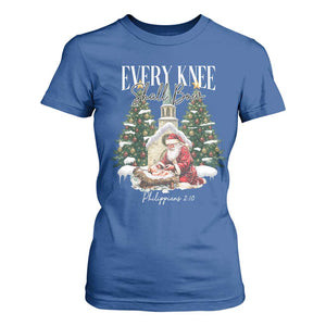 Every Knee Shall Bow T Shirt For Women Nativity Scene Santa and Baby Jesus Christmas TS10 Royal Blue Print Your Wear