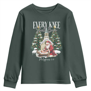 Every Knee Shall Bow Youth Sweatshirt Nativity Scene Santa and Baby Jesus Christmas TS10 Dark Forest Green Print Your Wear