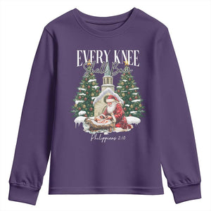 Every Knee Shall Bow Youth Sweatshirt Nativity Scene Santa and Baby Jesus Christmas TS10 Purple Print Your Wear