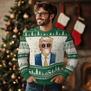 Trump Bitcoin Ugly Christmas Sweater 2024 President Funny Golden Trump Bubble Gum TS10 Green Print Your Wear
