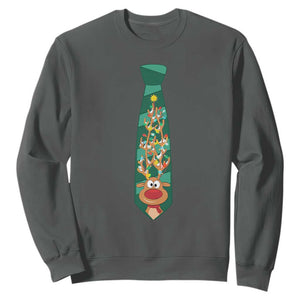 Funny Christmas Sweatshirt Tie With Reindeer For Family Matching Ugly Gift TS10 Dark Heather Print Your Wear