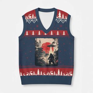 Samurai Bigfoot V-Neck Knit Sweater Vest Funny Japanese Retro Vintage Sasquatch Graphic Ukiyo-e Art TS10 Navy Red Print Your Wear