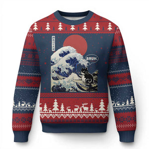 Japanese Kawaii Anime Cat Ugly Christmas Sweater Funny Surfing Cat Bruh Retro The Great Wave Kanagawa TS10 Navy Red Print Your Wear