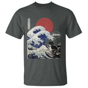 Japanese Kawaii Anime Cat T Shirt Funny Surfing Cat Bruh Retro The Great Wave Kanagawa TS10 Dark Heather Print Your Wear