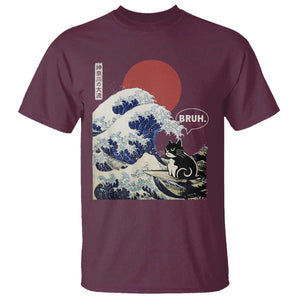 Japanese Kawaii Anime Cat T Shirt Funny Surfing Cat Bruh Retro The Great Wave Kanagawa TS10 Maroon Print Your Wear