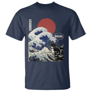 Japanese Kawaii Anime Cat T Shirt Funny Surfing Cat Bruh Retro The Great Wave Kanagawa TS10 Navy Print Your Wear
