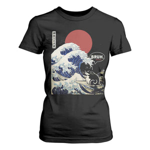 Japanese Kawaii Anime Cat T Shirt For Women Funny Surfing Cat Bruh Retro The Great Wave Kanagawa TS10 Black Print Your Wear
