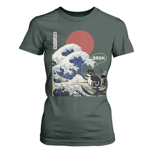 Japanese Kawaii Anime Cat T Shirt For Women Funny Surfing Cat Bruh Retro The Great Wave Kanagawa TS10 Dark Forest Green Print Your Wear