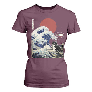 Japanese Kawaii Anime Cat T Shirt For Women Funny Surfing Cat Bruh Retro The Great Wave Kanagawa TS10 Maroon Print Your Wear