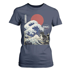 Japanese Kawaii Anime Cat T Shirt For Women Funny Surfing Cat Bruh Retro The Great Wave Kanagawa TS10 Navy Print Your Wear