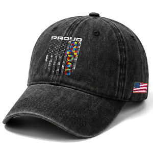 Vintage Proud Autism Dad Washed Cotton Baseball Cap USA American Flag Father Day