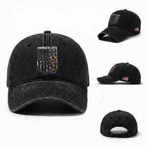 Vintage Proud Autism Dad Washed Cotton Baseball Cap USA American Flag Father Day