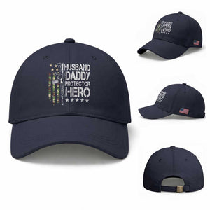 Husband Daddy Protector Hero Baseball Cap Dad Guns Fathers Day Camo American Flag TS10 Baseball Cap Universal Fit Navy Print Your Wear
