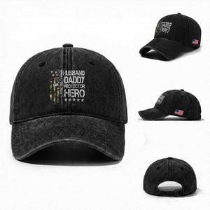 Husband Daddy Protector Hero Washed Cotton Baseball Cap Dad Guns Fathers Day Camo American Flag TS10 Washed Cap Universal Fit Black Print Your Wear