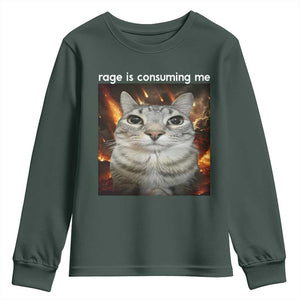 Rage Is Consuming Me Cat Youth Sweatshirt Funny Weird Humor Silly Cat Meme TS10 Dark Forest Green Print Your Wear