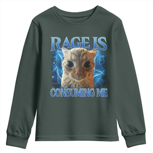 Rage Is Consuming Me Cat Meme Youth Sweatshirt Funny Weird Humor Cat Face Bootleg TS10 Dark Forest Green Print Your Wear