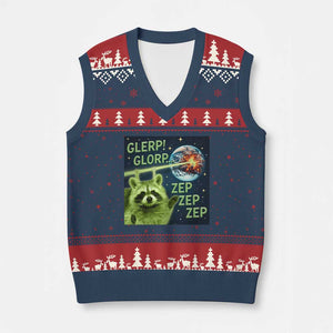 Funny Alien Raccoon Meme V-Neck Knit Sweater Vest Glerp Glorp Brainrot Stupid Gift TS10 Navy Red Print Your Wear