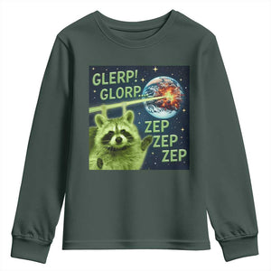 Funny Alien Raccoon Meme Youth Sweatshirt Glerp Glorp Brainrot Stupid Gift TS10 Dark Forest Green Print Your Wear