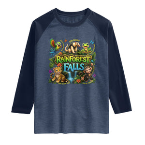 VBS 2026 Raglan Shirt Rainforest Falls Exploring The Nature of God VBS 2026 TS10 Heather Denim Navy Print Your Wear