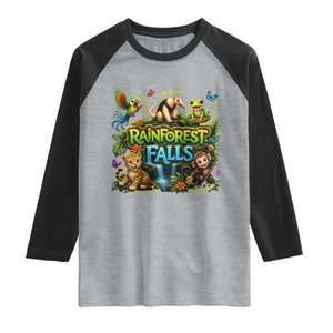 VBS 2026 Raglan Shirt Rainforest Falls Exploring The Nature of God VBS 2026 TS10 Heather Gray Black Print Your Wear
