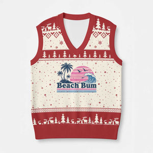 Beach Bum V-Neck Knit Sweater Vest Retro Summer Vacation Surf Wave Tropical Sunset Aesthetic TS10 Beige Red Print Your Wear