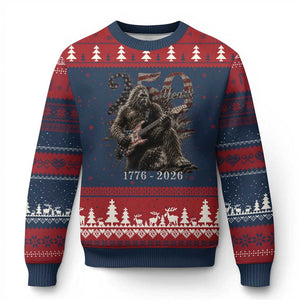 Vintage Bigfoot Playing Guitar 250 Years Ugly Christmas Sweater 1776 2026 Bigfoot Patriotic USA Flag Sasquatch TS10 Navy Red Print Your Wear