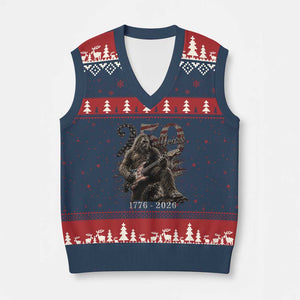 Vintage Bigfoot Playing Guitar 250 Years V-Neck Knit Sweater Vest 1776 2026 Bigfoot Patriotic USA Flag Sasquatch TS10 Navy Red Print Your Wear