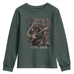 Vintage Bigfoot Playing Guitar 250 Years Youth Sweatshirt 1776 2026 Bigfoot Patriotic USA Flag Sasquatch TS10 Dark Forest Green Print Your Wear