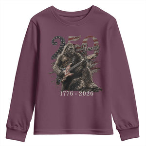 Vintage Bigfoot Playing Guitar 250 Years Youth Sweatshirt 1776 2026 Bigfoot Patriotic USA Flag Sasquatch TS10 Maroon Print Your Wear