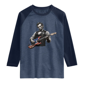 Vintage Abraham Lincoln Abe Lincoln Playing Guitar Raglan Shirt Humor Patriotic TS10 Heather Denim Navy Print Your Wear