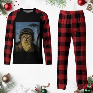 Cat Selfie With Alien UFO Plaid Pajama Set Retro Space Sci-Fi Cat Pilot TS10 Buffalo Plaid Print Your Wear