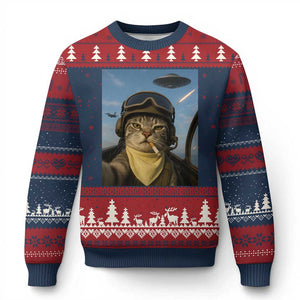 Cat Selfie With Alien UFO Ugly Christmas Sweater Retro Space Sci-Fi Cat Pilot TS10 Navy Red Print Your Wear