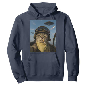 Cat Selfie With Alien UFO Hoodie Retro Space Sci-Fi Cat Pilot TS10 Navy Print Your Wear
