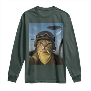 Cat Selfie With Alien UFO Long Sleeve Shirt Retro Space Sci-Fi Cat Pilot TS10 Dark Forest Green Print Your Wear