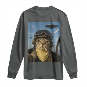Cat Selfie With Alien UFO Long Sleeve Shirt Retro Space Sci-Fi Cat Pilot TS10 Dark Heather Print Your Wear