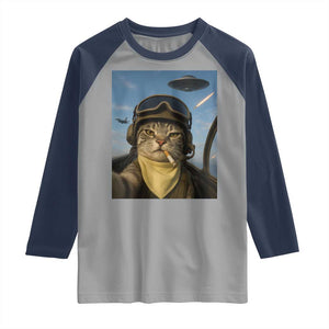Cat Selfie With Alien UFO Raglan Shirt Retro Space Sci-Fi Cat Pilot TS10 Sport Gray Navy Print Your Wear