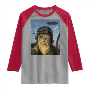 Cat Selfie With Alien UFO Raglan Shirt Retro Space Sci-Fi Cat Pilot TS10 Sport Gray Red Print Your Wear