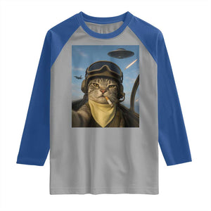 Cat Selfie With Alien UFO Raglan Shirt Retro Space Sci-Fi Cat Pilot TS10 Sport Gray Royal Print Your Wear