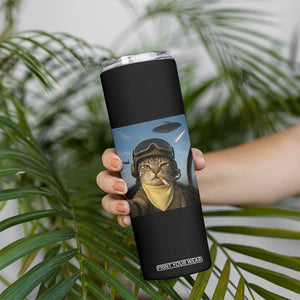 Cat Selfie With Alien UFO Skinny Tumbler Retro Space Sci-Fi Cat Pilot TS10 Print Your Wear