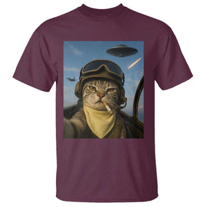 Cat Selfie With Alien UFO T Shirt Retro Space Sci-Fi Cat Pilot TS10 Maroon Print Your Wear