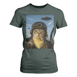 Cat Selfie With Alien UFO T Shirt For Women Retro Space Sci-Fi Cat Pilot TS10 Dark Forest Green Print Your Wear