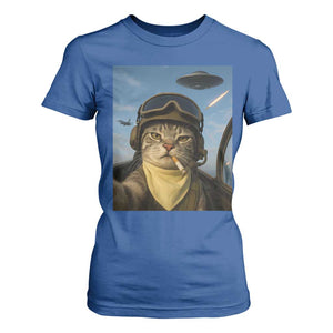 Cat Selfie With Alien UFO T Shirt For Women Retro Space Sci-Fi Cat Pilot TS10 Royal Blue Print Your Wear