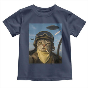 Cat Selfie With Alien UFO Toddler T Shirt Retro Space Sci-Fi Cat Pilot TS10 Navy Print Your Wear