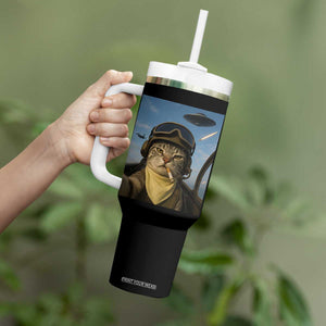 Cat Selfie With Alien UFO Tumbler With Handle Retro Space Sci-Fi Cat Pilot TS10 Print Your Wear