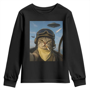 Cat Selfie With Alien UFO Youth Sweatshirt Retro Space Sci-Fi Cat Pilot TS10 Black Print Your Wear